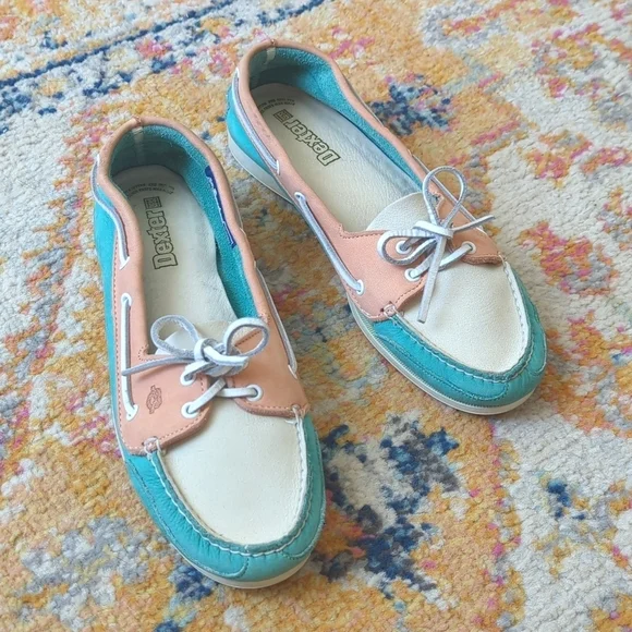 Dexter 80's Vintage Leather Colorblock Boat Shoe Slip On Flat Loafers Aqua  10